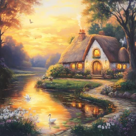 Charming Cottage Scene with Swans