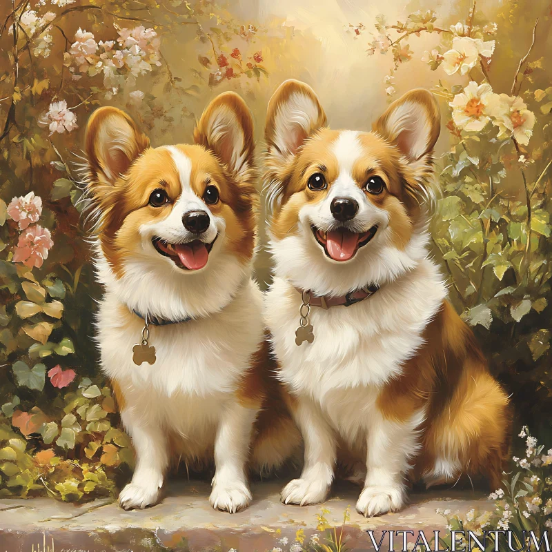 Joyful Corgis in Lush Floral Setting AI Image