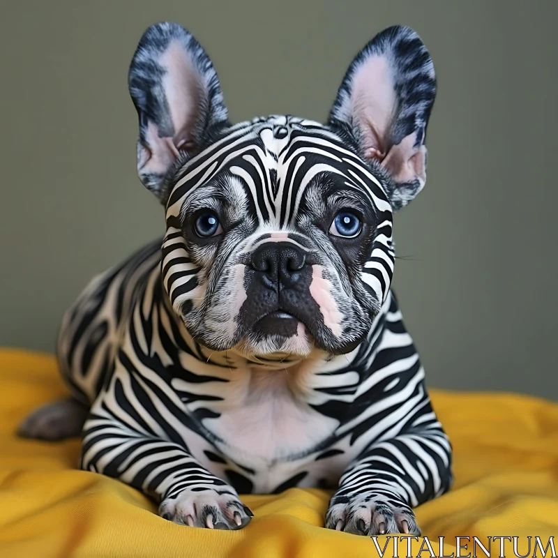 AI ART Zebra-Patterned French Bulldog with Blue Eyes