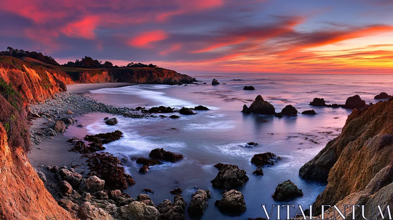 Serene Beach Sunset with Rocky Cliffs AI Image