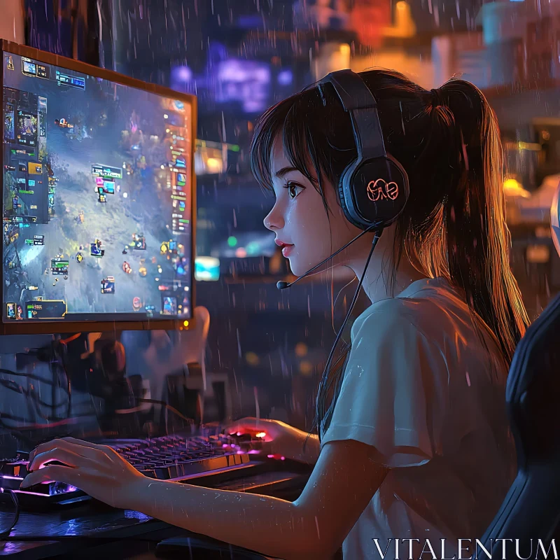 Anime Character Deep in Gaming with Rainfall Background AI Image