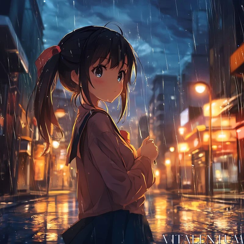 Anime Girl in Rainy Nighttime Urban Setting AI Image