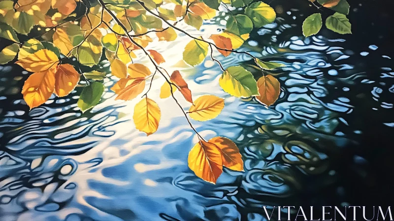 AI ART Colorful Autumn Leaves Above Reflective Water