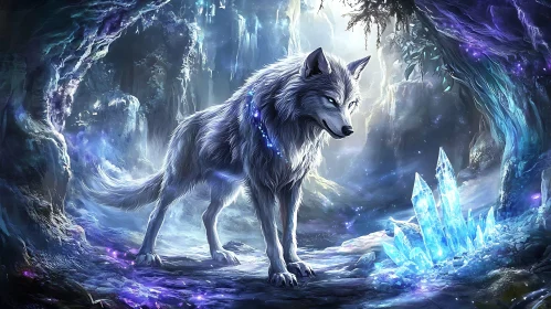 Wolf Guarding Crystals in Ethereal Cave