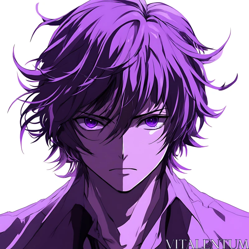 Anime Character with Purple Hair and Intense Expression AI Image