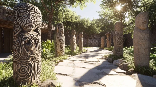 Sunlit Stone Carvings in Garden