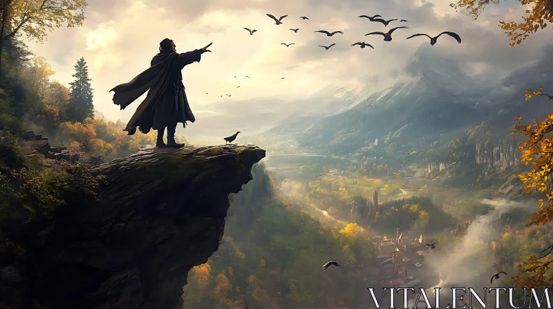 Cliffside Vista with Birds in Flight AI Image