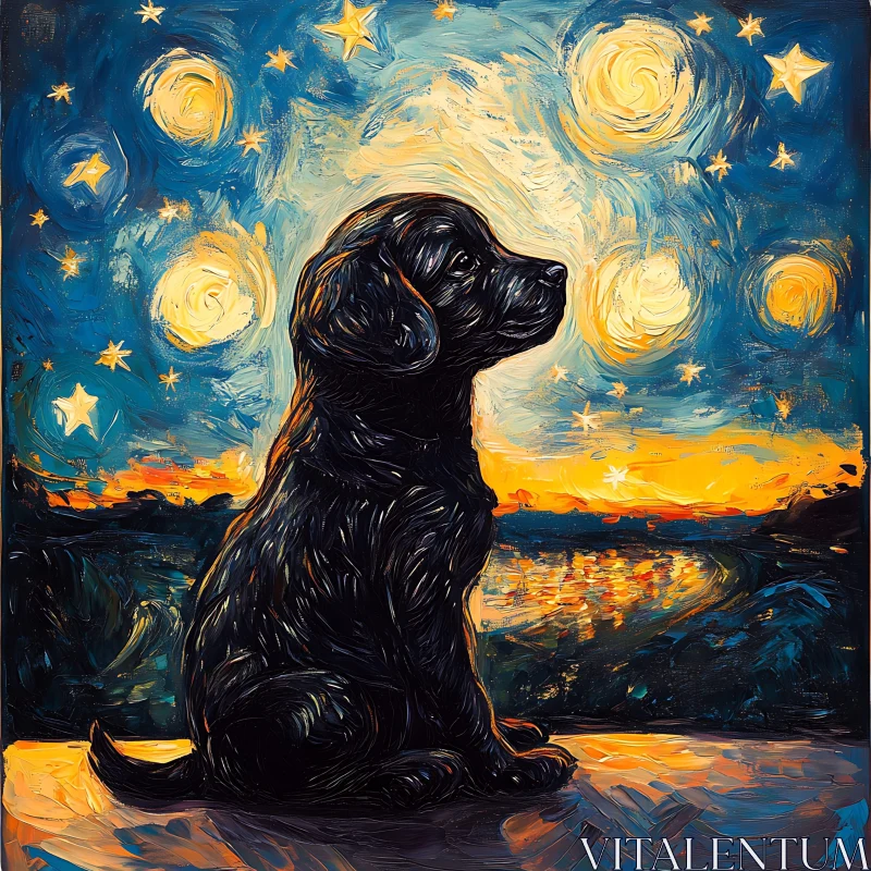 Dog Gazing at Starry Sky in Colorful Painting AI Image