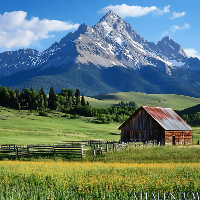 Rural Landscape: Barn and Mountain Vista AI Image