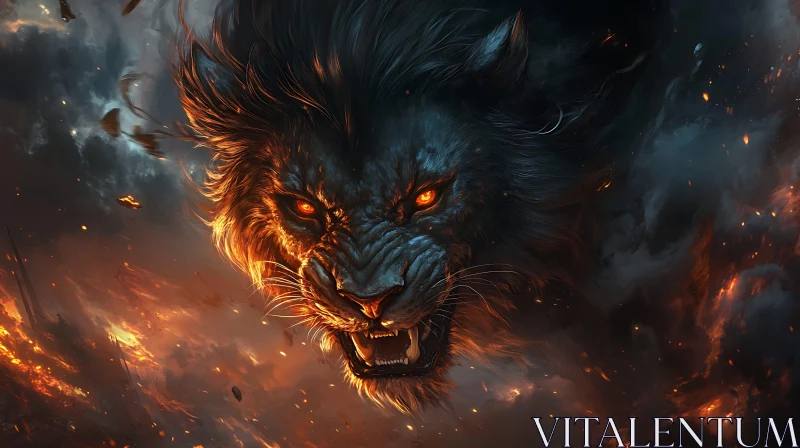 Lion with Fiery Eyes Illustration AI Image