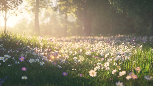 Sunlit Meadow with Blossoming Wildflowers