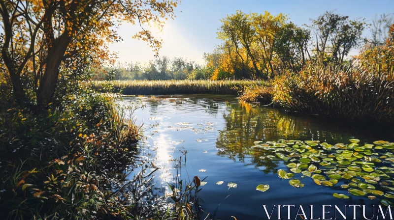 Tranquil Lake with Light Reflections and Lush Foliage AI Image