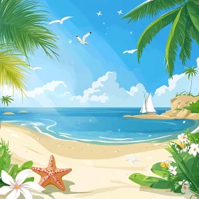 Tropical Beach with Palm Trees and Seagulls