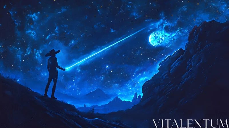 AI ART Blue Night Cowboy with Moon Beam