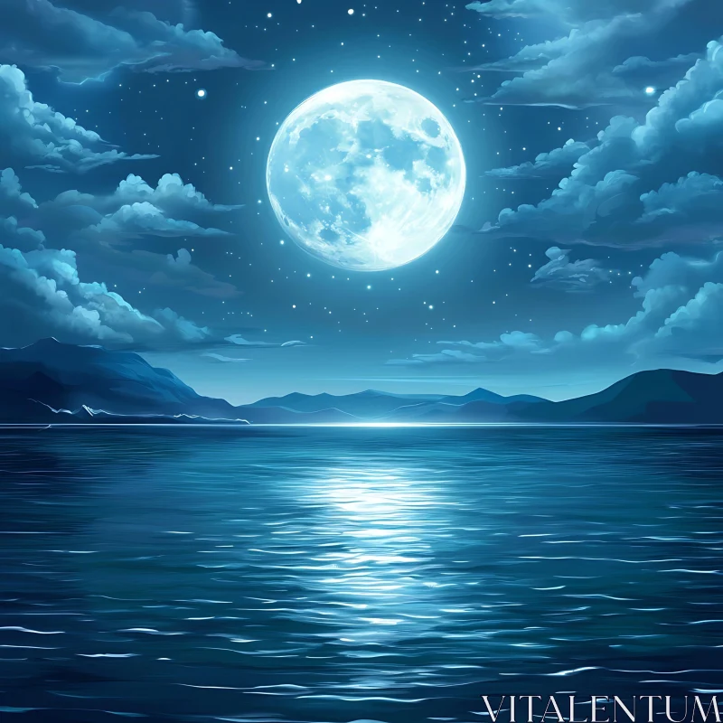 Lunar Reflection on Night Waters AI Image