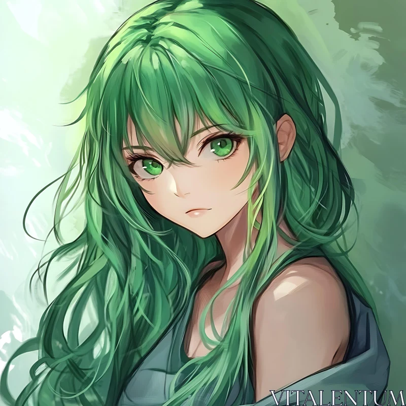 AI ART Anime Portrait Featuring Girl with Green Hair and Green Eyes