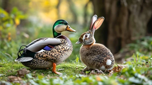 Serene Encounter: Duck and Rabbit Portrait