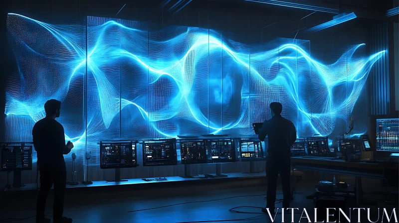 AI ART Blue Waveform Display in Tech Room