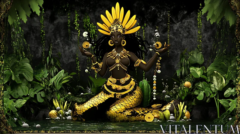 Jungle Mermaid with Golden Adornments AI Image