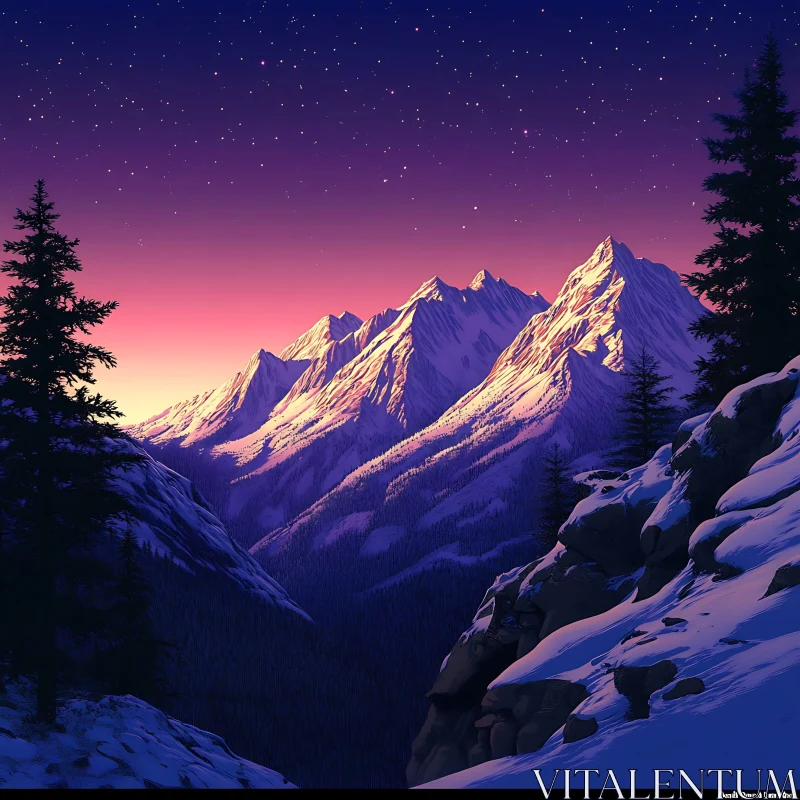 AI ART Snowy Peaks Under Starry Skies