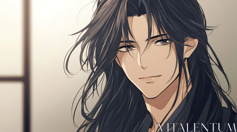 Elegant Anime Portrait with Flowing Hair AI Image