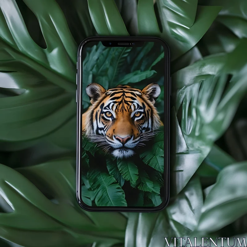 Tiger Portrait on Mobile Screen AI Image