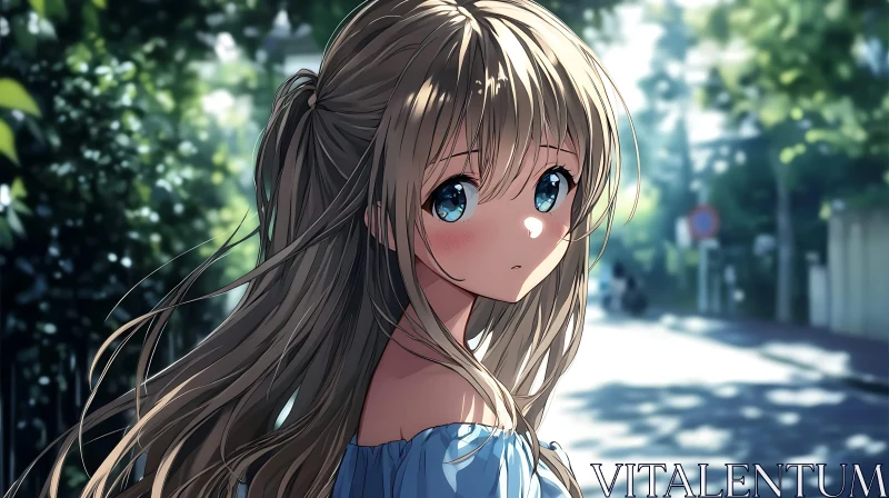 Anime Girl with Blue Eyes and Blonde Hair in Sunlight AI Image