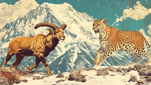 Wildlife Illustration of Goat and Leopard