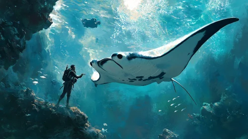 Diver and Manta Ray in Ocean Depths