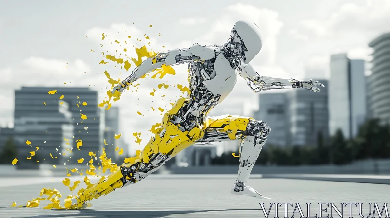 AI ART Cyborg Sprinting with Yellow Fragments