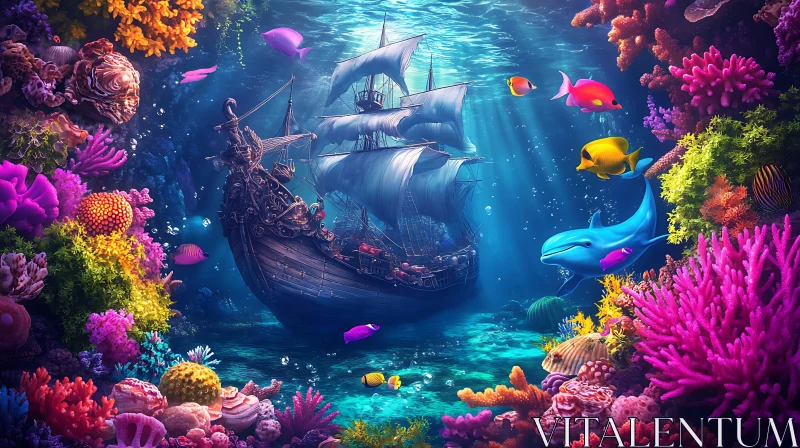 AI ART Underwater scene with sailboat and marine life