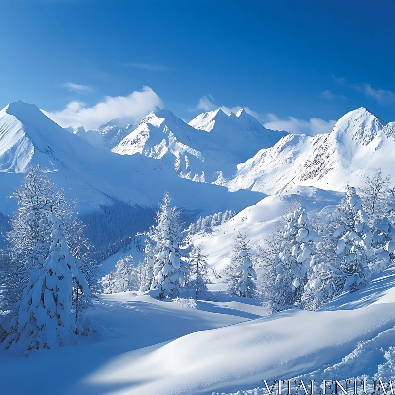 Snowy Mountains Under the Blue Sky AI Image