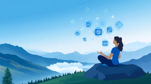 Woman Meditating in Nature with Digital Icons