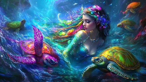 Mystical Mermaid and Turtles in Ocean