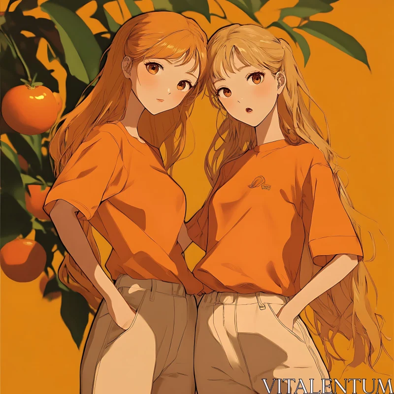 AI ART Twin Anime Girls with Oranges