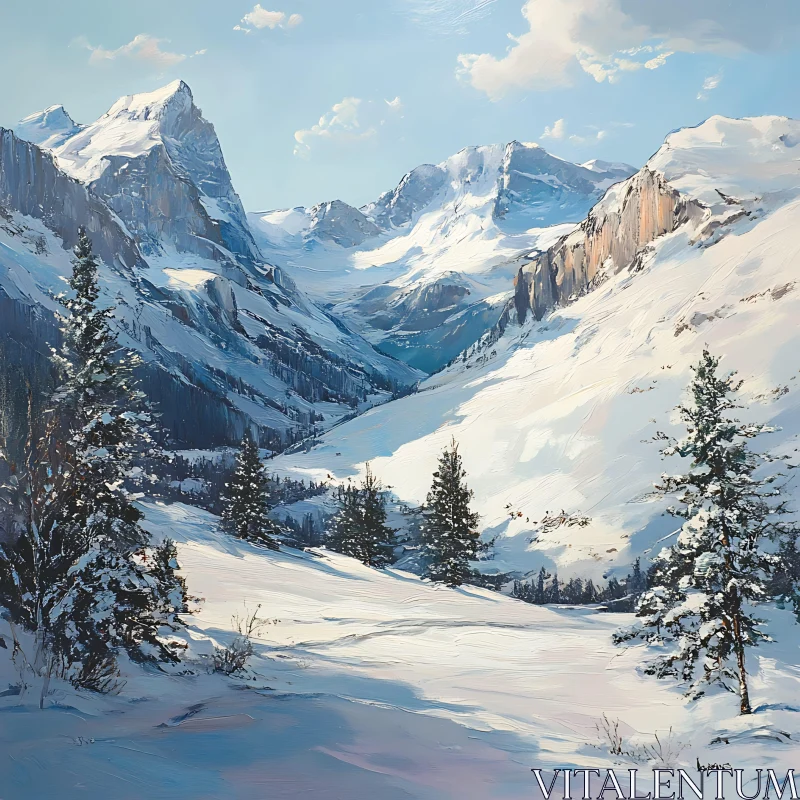 AI ART Winter Mountain Scene with Snow and Trees