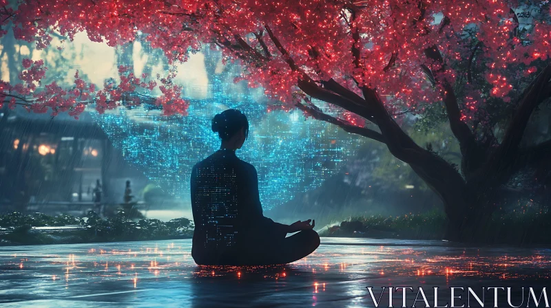 AI ART Contemplation Beneath Blossoms