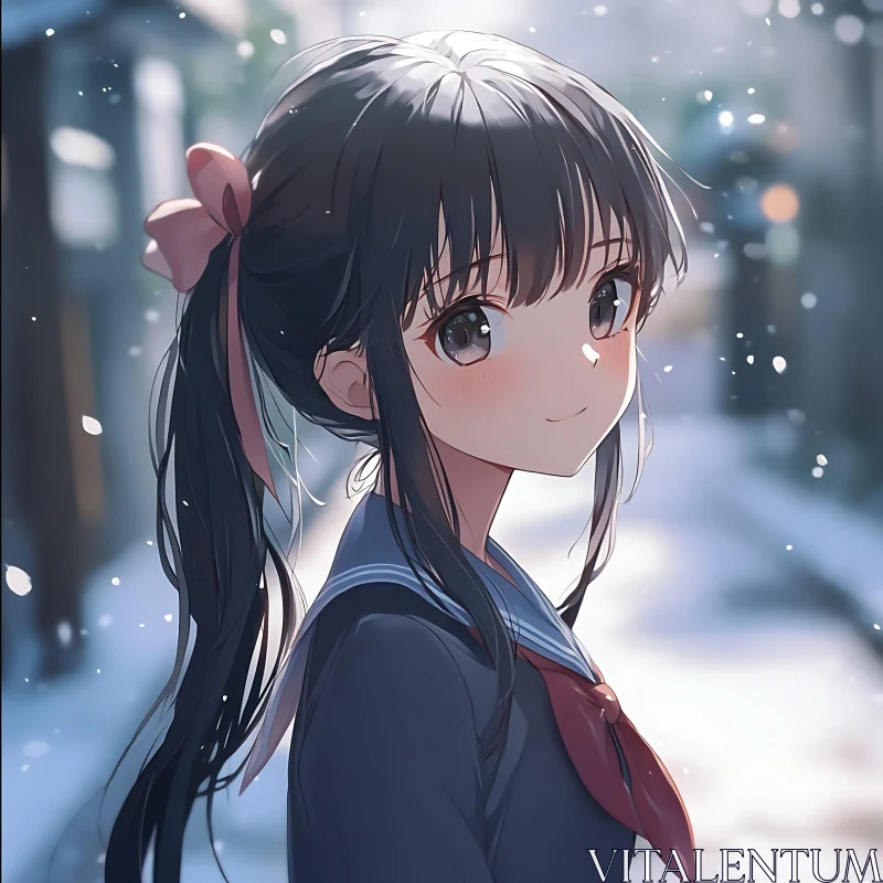 Anime Girl in Snow with Pink Ribbon AI Image