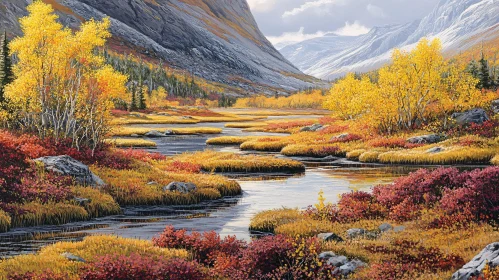 Serene Autumn Landscape with River and Mountains