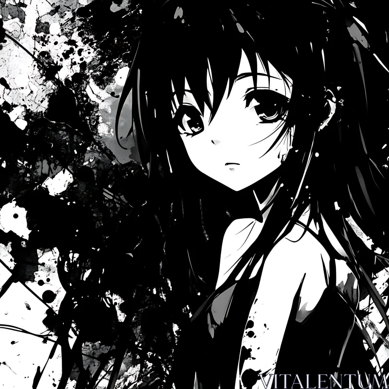 Monochromatic Anime Portrait with Ink Background AI Image