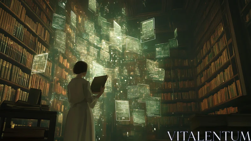 AI ART Woman Reading in a Digital Library