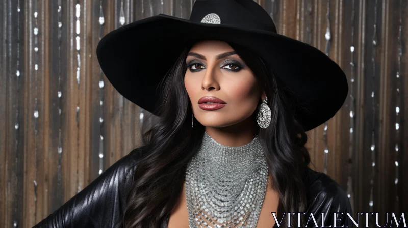 Captivating Fashion: Woman in Black Hat and Silver Jewelry AI Image