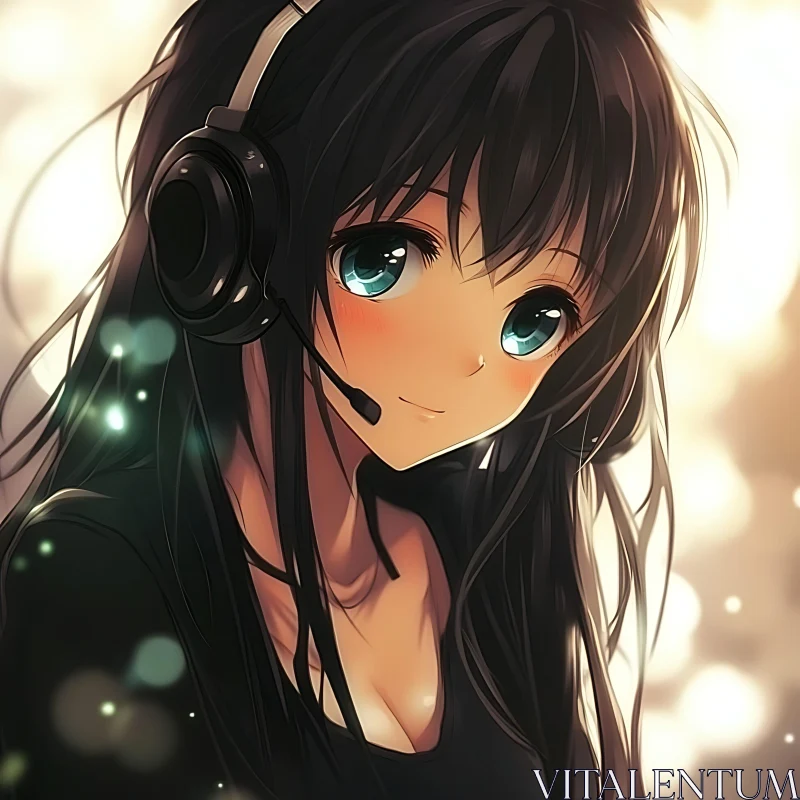 Charming Anime Girl with Headphones and Radiant Eyes AI Image