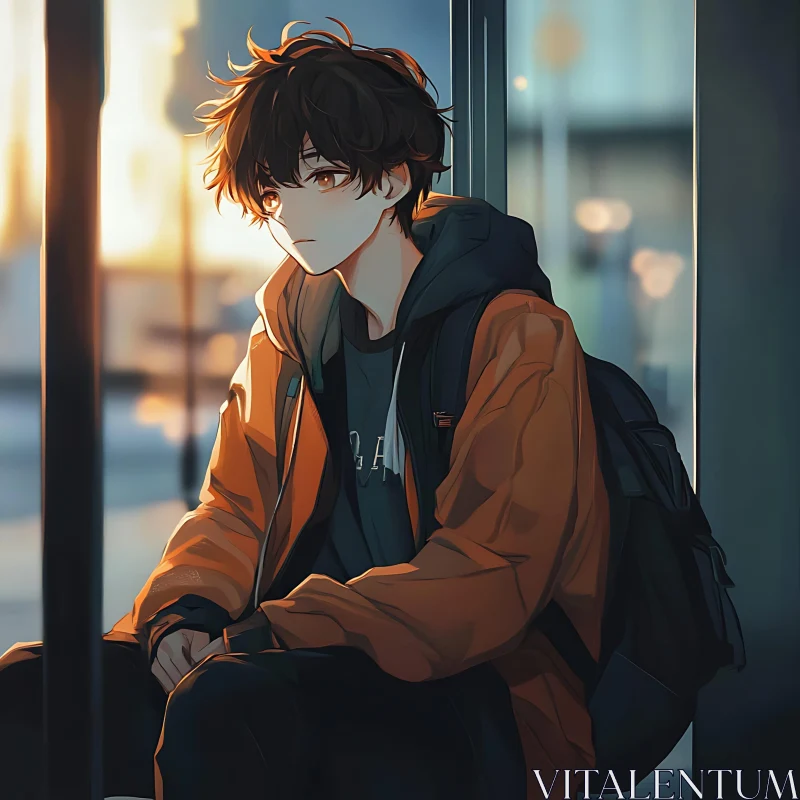 Contemplative Anime Youth at Sunset AI Image