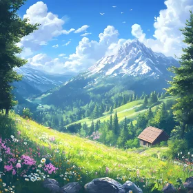 Scenic Mountain Meadow with a Small Cabin