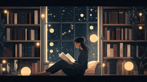 Woman Reading Book at Night