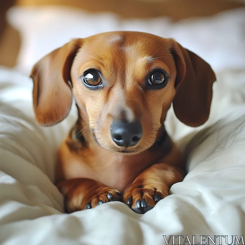 Cute Dachshund Puppy with Big Eyes on Bed AI Image