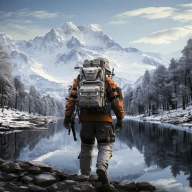 Surreal 3D Outdoor Hiker Scene Near Snowy River