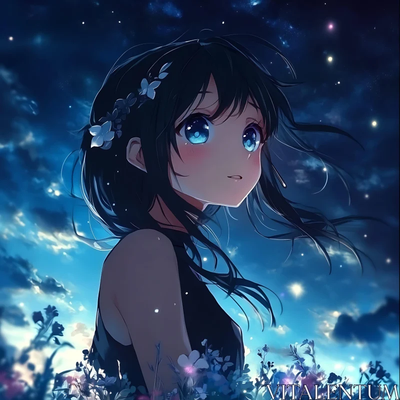 Anime Girl with Blue Eyes in Flower Field AI Image