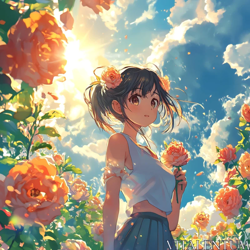 Anime Girl in Blooming Flower Garden AI Image